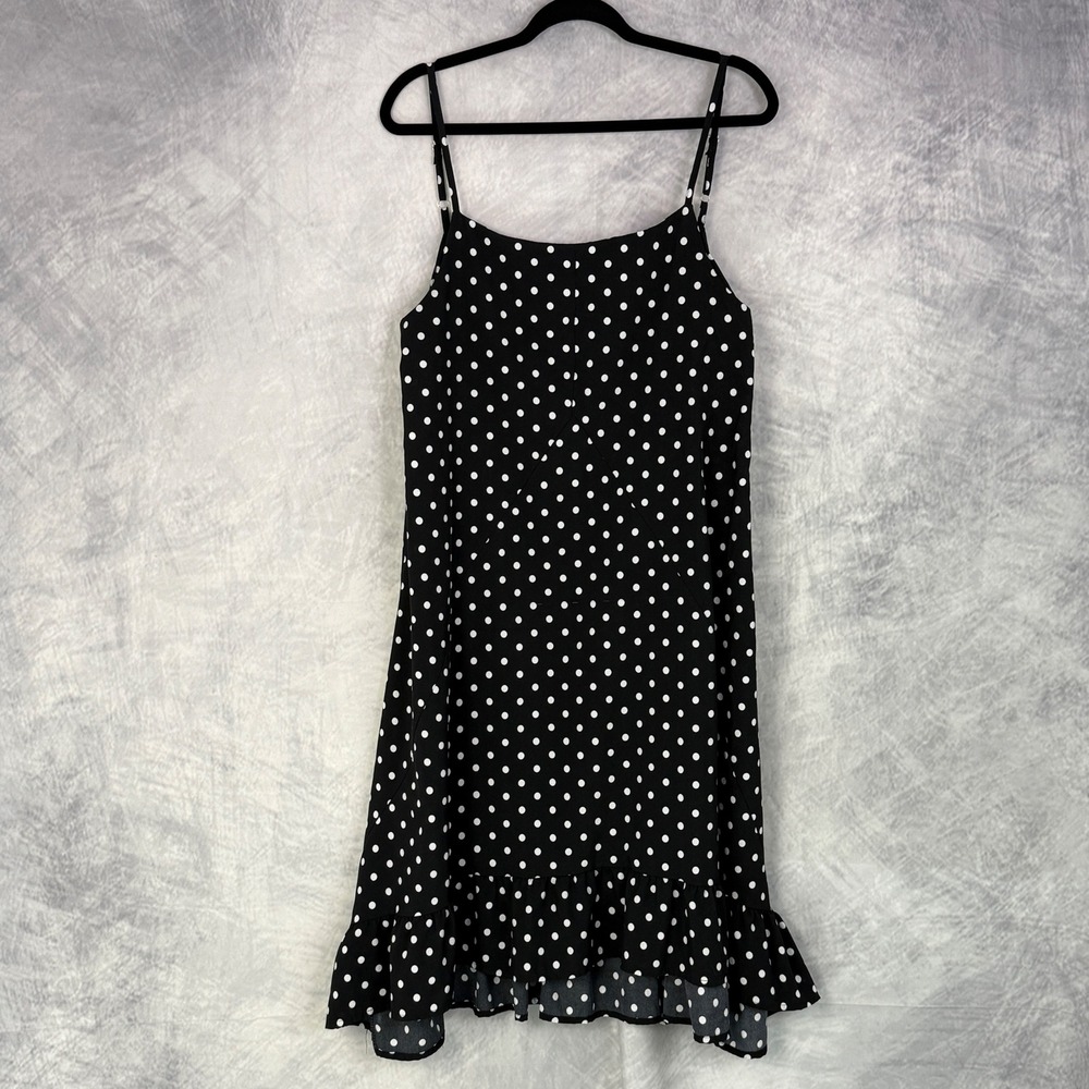 AMO LEE Black White Polka Dot Ruffle Hem Spaghetti Strap Mini Dress Size M